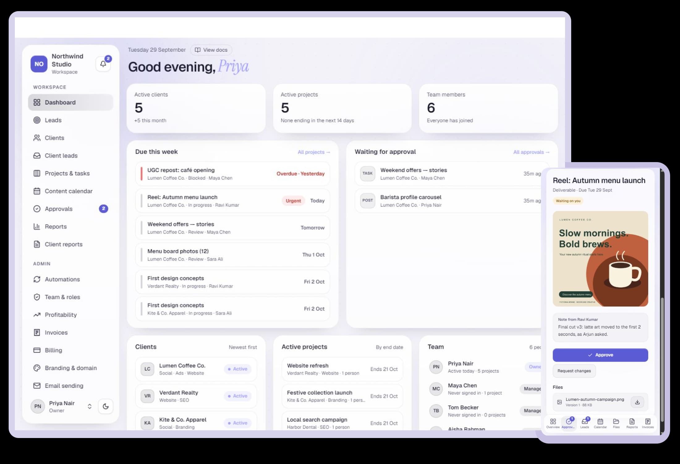 Live Agency CRM dashboard and mobile client approval screen in light theme