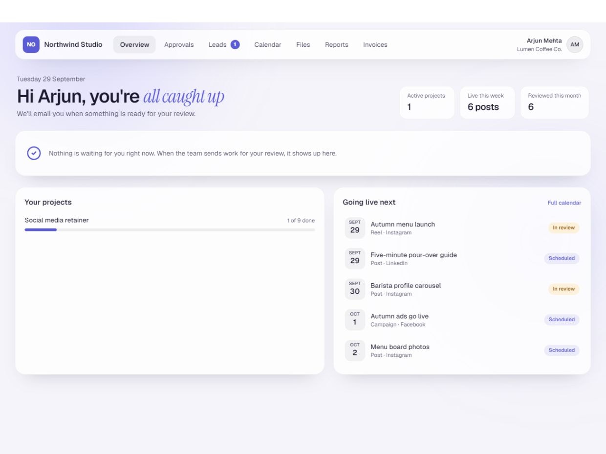 Agency CRM branded client portal dashboard with project progress and client overview