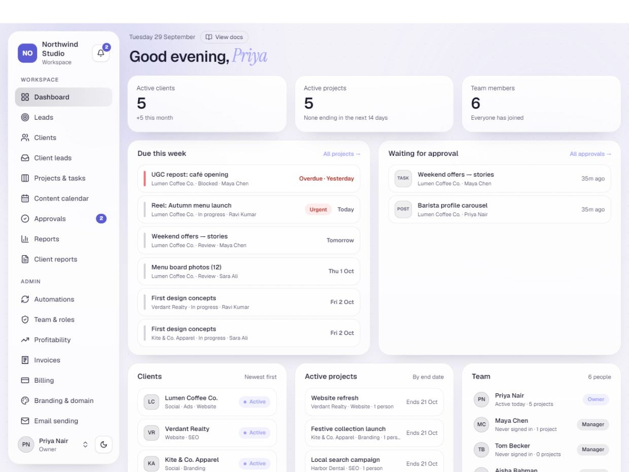 Agency CRM dashboard showing active clients, projects, deadlines, and pending approvals