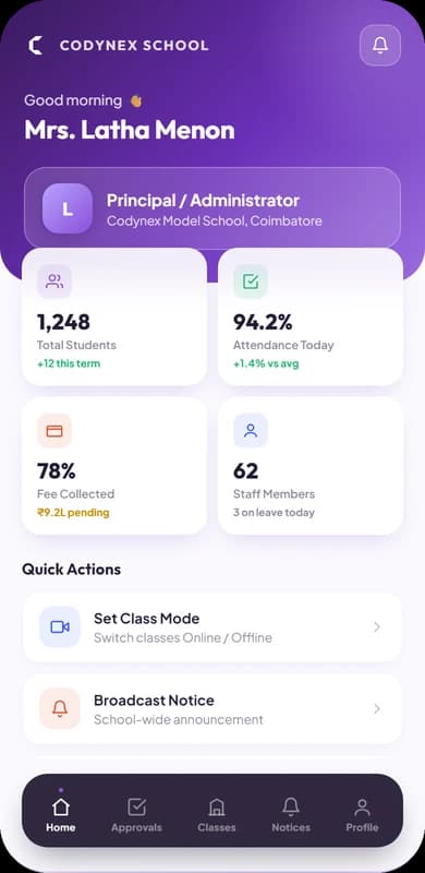 Codynex School principal app home screen