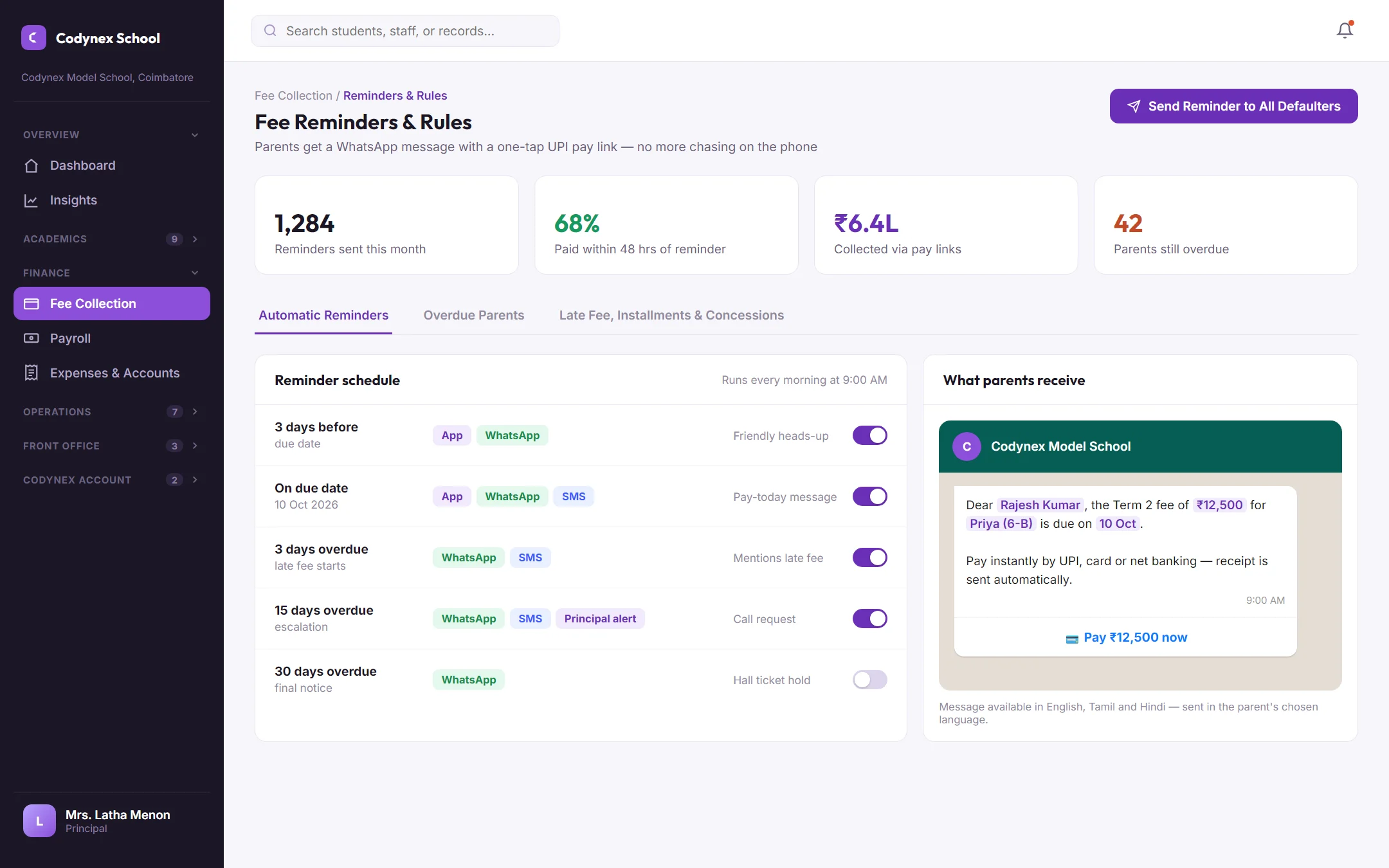 Codynex School — fees that collect themselves screen