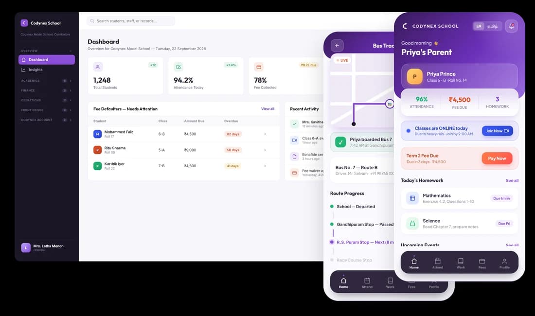 Codynex School admin dashboard with the parent app and live bus tracking on phones