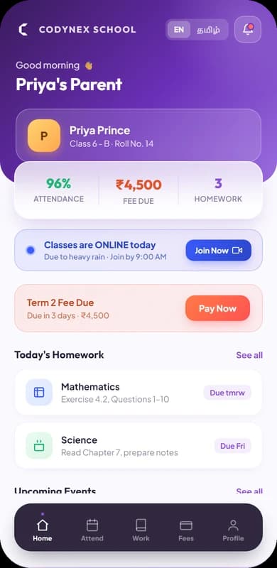 Codynex School parents app home screen
