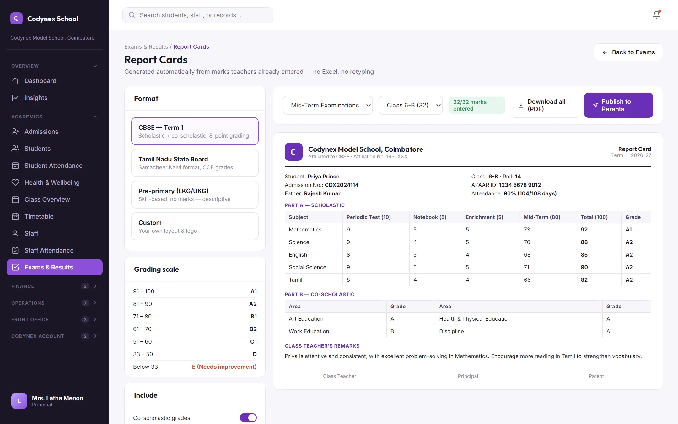 Codynex School — report cards in your board’s format screen