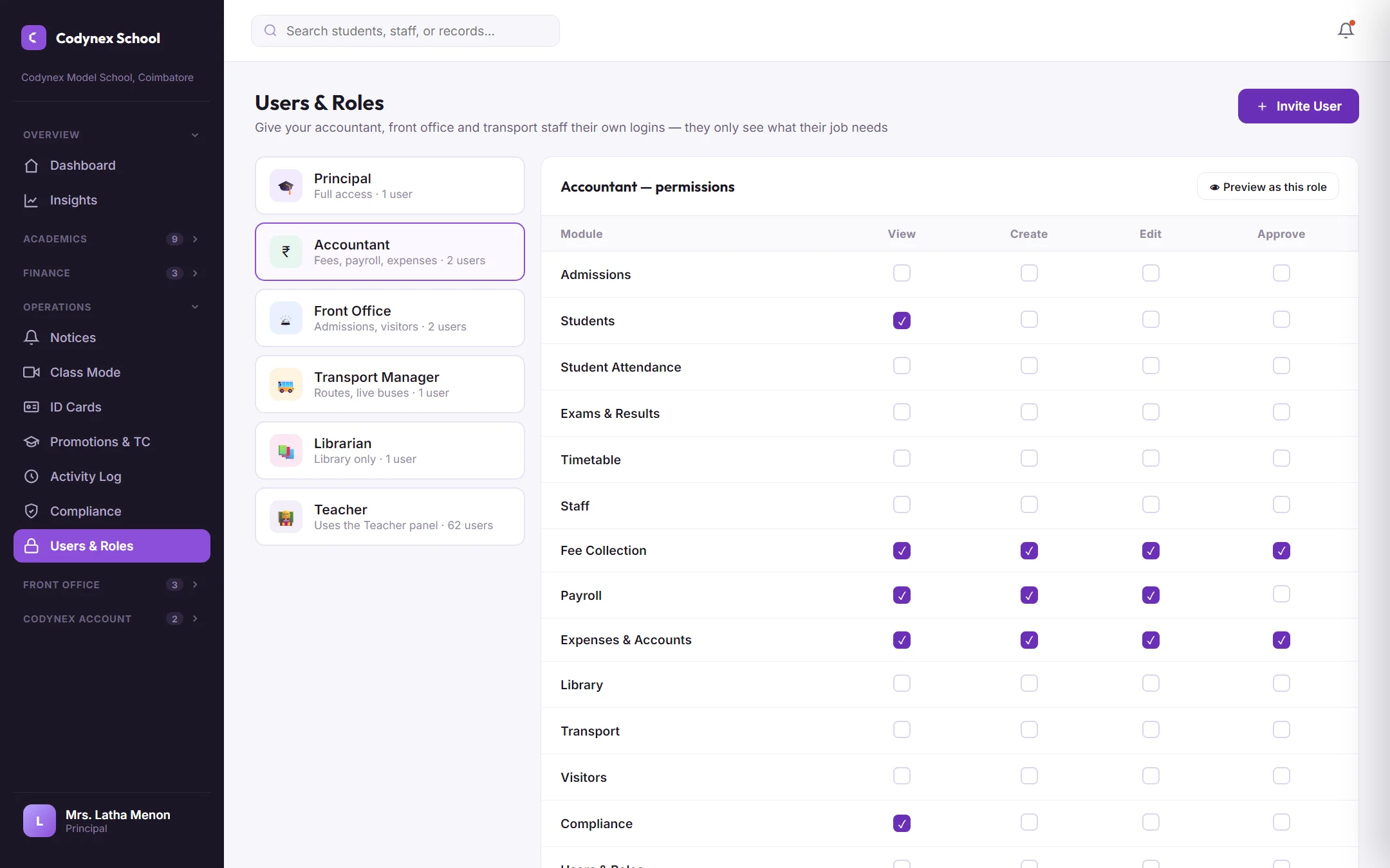 Codynex School — roles for every office screen