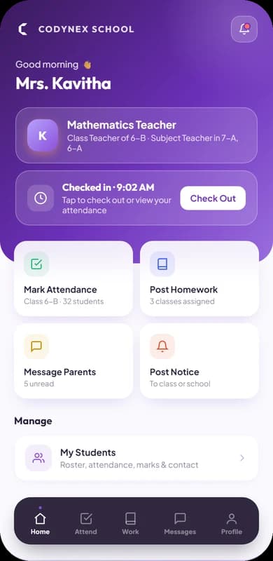 Codynex School teachers app home screen