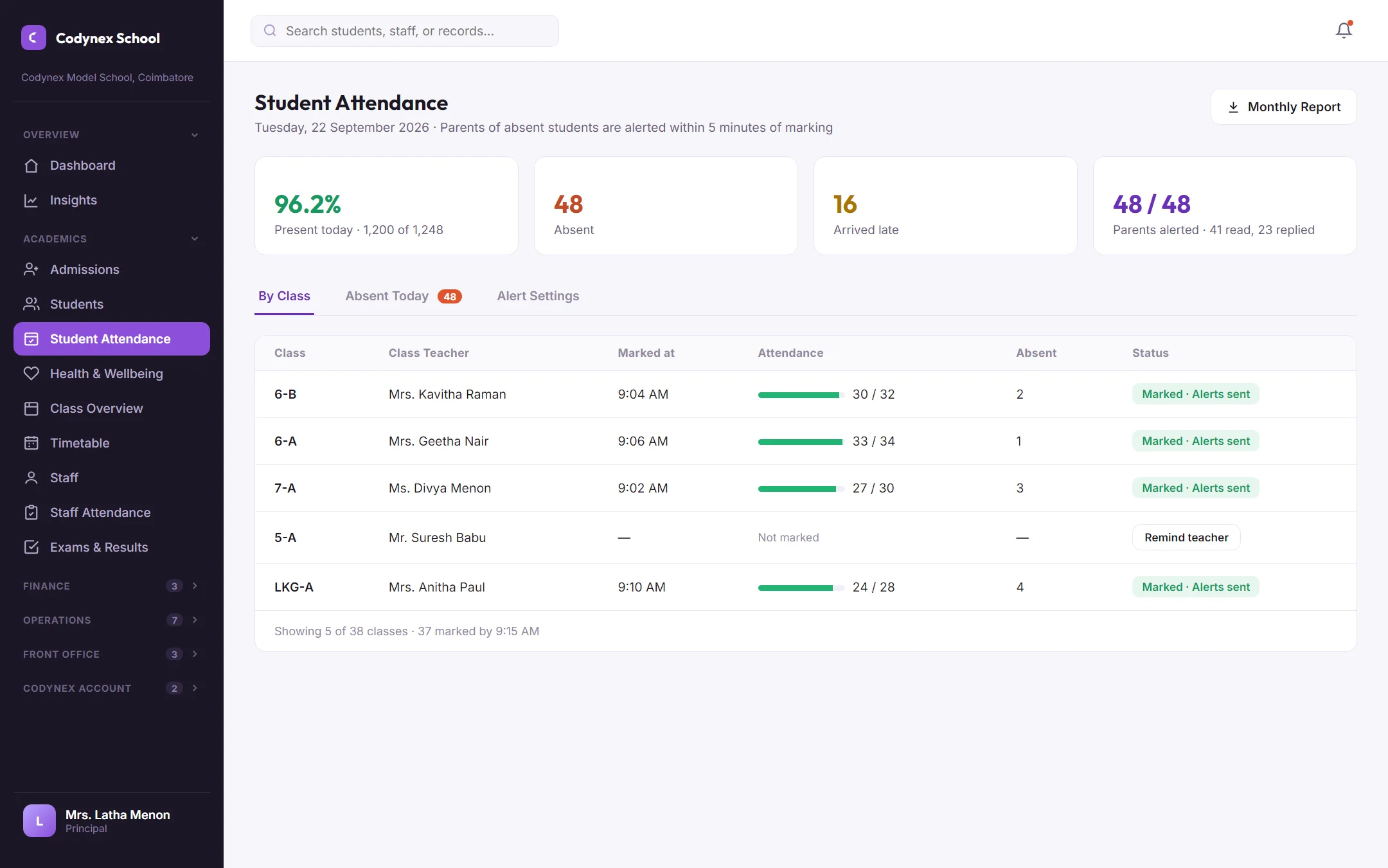 Codynex School — attendance with instant parent alerts screen