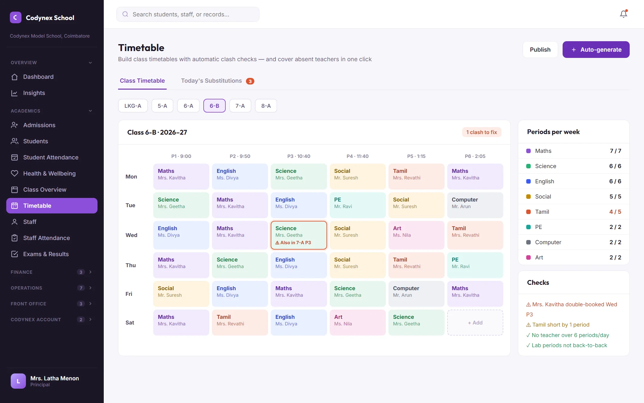 Codynex School — timetable and substitutions screen