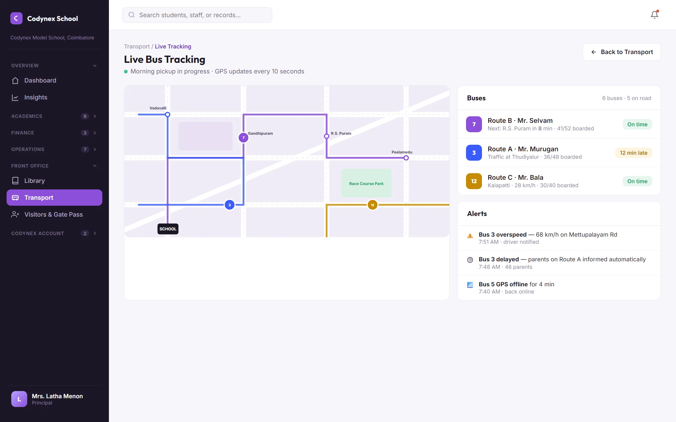 Codynex School — live bus tracking screen